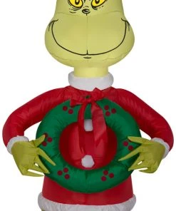 Gemmy Christmas Airblown Inflatable Grinch As Santa W/Wreath Dr. Seuss, 4 Ft Tall, Multicolored Coming Soon