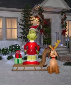 Gemmy 6' Airblown-Grinch And Max On Sled Christmas Inflatable