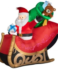 Christmas Gemmy Lightshow Airblown Inflatable Mixed Media Sewn In Micro LED Santa's Sleigh, 6.5 Ft Tall