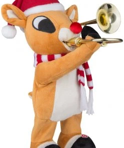 Gemmy Standing Trombone Rudolph W/Santa Hat And Scarf Rudolph, Brown Christmas