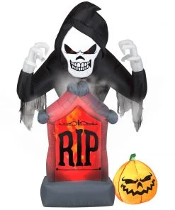 Gemmy 6' Animated Projection Airblown Fog Effect Fire & Ice-Shaking Reaper W/ Tombstone And Pumpkin Scene Halloween Inflatable