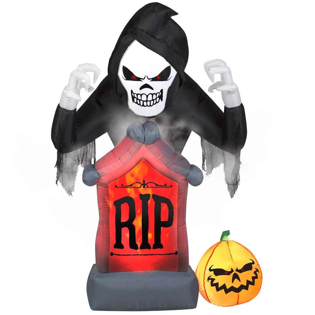 Gemmy 6' Animated Projection Airblown Fog Effect Fire & Ice-Shaking Reaper W/ Tombstone And Pumpkin Scene Halloween Inflatable 1 Gemmy 6' Animated Projection Airblown Fog Effect Fire & Ice-Shaking Reaper W/ Tombstone And Pumpkin Scene Halloween Inflatable