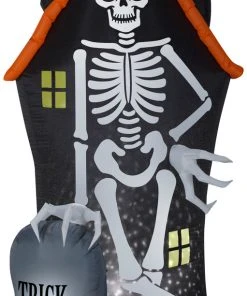 Gemmy 8' Projection Airblown Skeleton And Haunted House Tombstone Scene Halloween Inflatable