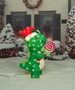 Everstar Christmas 26" UL Dinosaur With Peppermint Sculpture