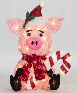 Everstar 20" UL Glittering Thread Pig With Candy Cane Sculpture